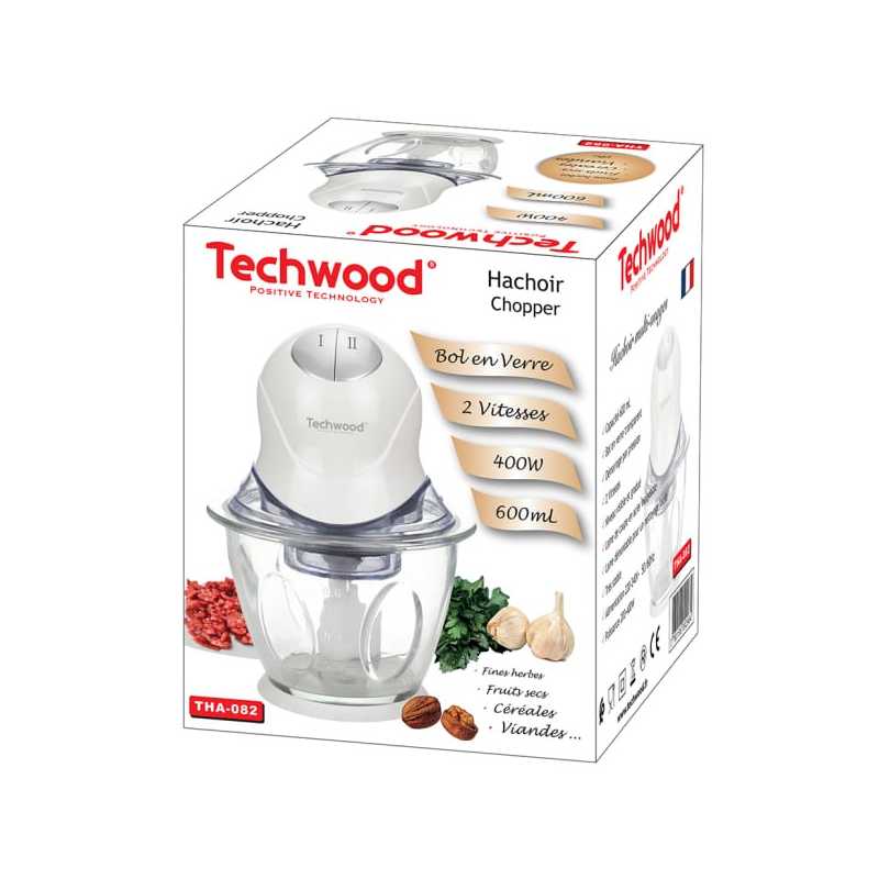 Mini Hachoir Bol Verre 600 Ml 300W Blanc TECHWOOD